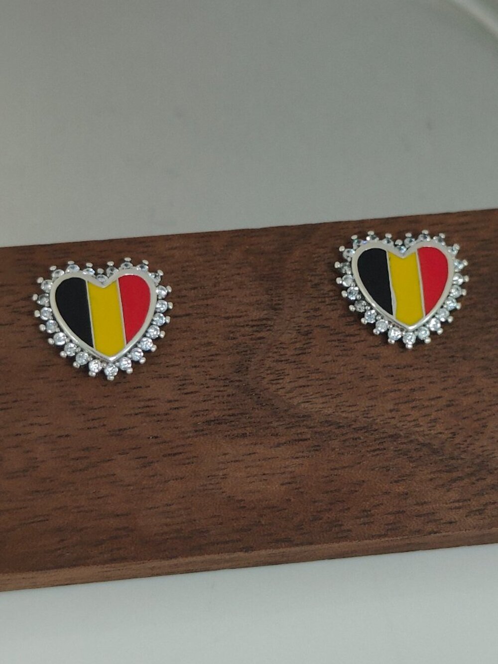 Belgium Flag Travel Vacation Heart Stud Earring Exclusive Designed S925 Silver